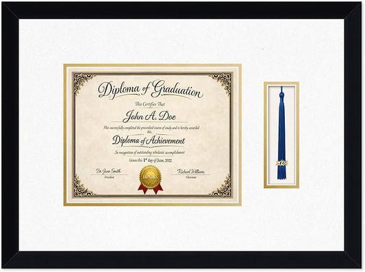 Diploma Frame with Tassel Holder Matte Black Shadowbox Oyster Shell Over Gold Mat - Fits 10 x 8 Degree Made in the USA
