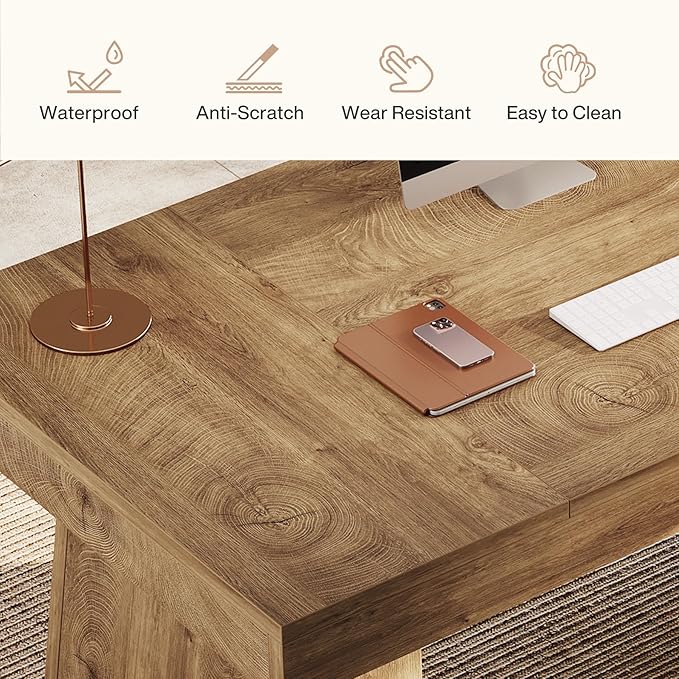 Tribesigns 55-Inch Executive Desk, Thick Wood Office Computer Desk with Double Pedestal, Modern Minimalist Workstations Writing Table Conference Table Furniture for Home Office, Light Brown