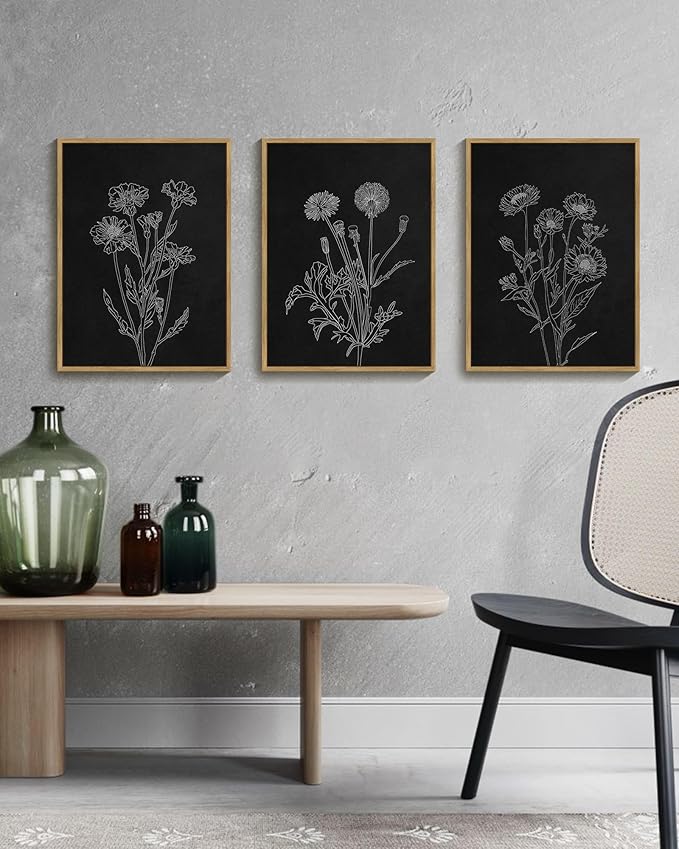Drsoum Black White Flower Wall Art Vintage Minimalist Floral Wall Hanging Decor Botanical Prints Artwork for Office Dining Room Hallway 11x14in Natural Framed