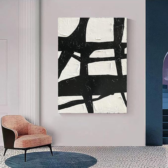 NANKAI Art Hand-drawn contemporary minimalist style oil painting, 40x28 inches, black and white abstract art, decorative wall hanging for home