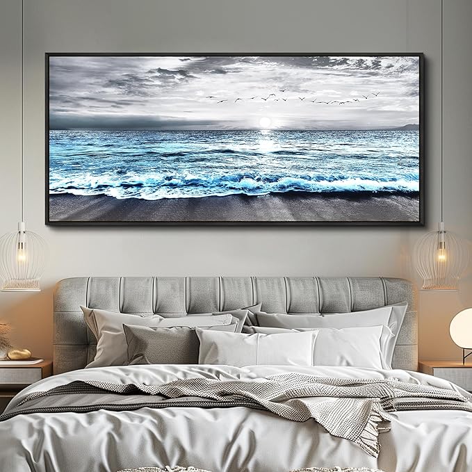 Wapluam Large Wall Art For Living Room Wall Decor For Office Black And White Painting Bedroom Wall Decorations Blue Sea Wave Pictures Artwork For Modern Black Framed Beach Canvas Prints Poster