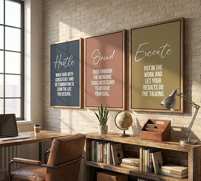 3pcs Inspirational Quotes Canvas Wall Art Hustle Execute Success Quotes Posters Prints Uplifting Motivational Positive Office Wall Decor Pictures for Living Room Bedroom Man Cave Decorations unframed