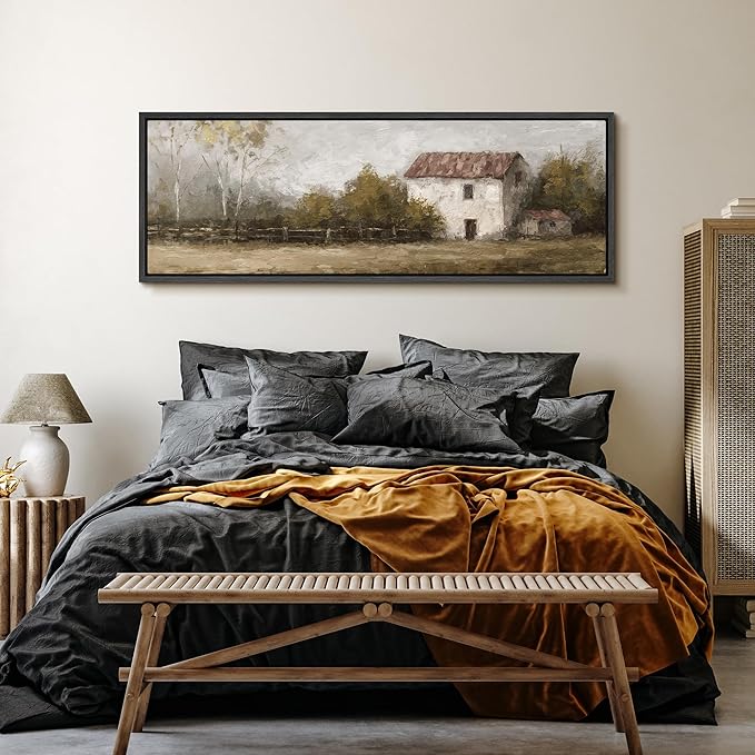 SIGNFORD Large Framed Canvas Rustic Countryside House Landscape Illustrations Modern Art Calm Warm for Living Room, Bedroom, Office - 60"x20"