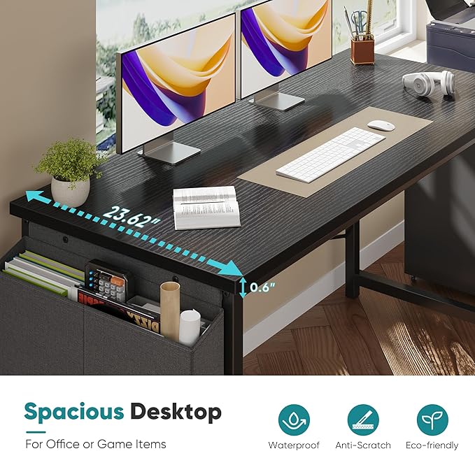 OLIXIS Computer Desk 63 Inch Home Office Desks for Small Spaces, Gaming Writing Study Work Table with Storage Bag for Bedroom, Black
