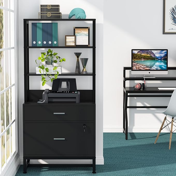 Tribesigns 2 Drawer Vertical File Cabinet with Lock & Bookshelf (Set of 2), Letter Size Large Modern Filing Cabinet Printer Stand with Open Storage Shelves for Home Office, Black