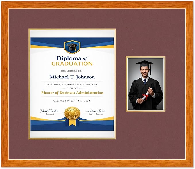 Diploma Frame With Photo Opening Honey Oak Dark Red Over Gold Mat - Fits 11 x 14 Degree and Picture Made in the USA