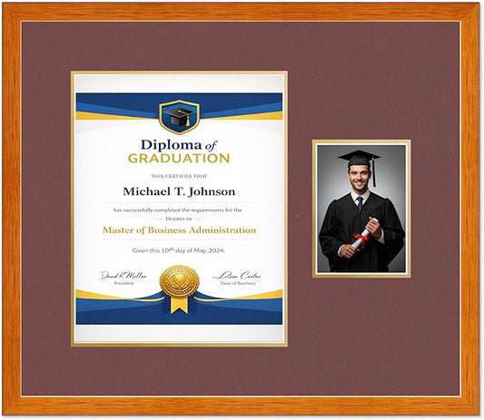 Diploma Frame With Photo Opening Honey Oak Dark Red Over Gold Mat - Fits 11 x 14 Degree and Picture Made in the USA