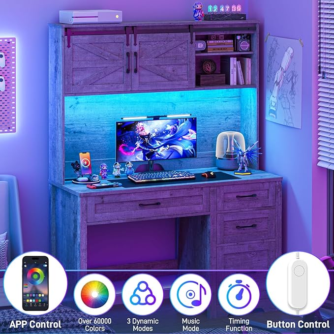 Farmhouse 67" H Executive Desk with Hutch,Computer Desk with Charging Station,Office Table with LED Light and 4 Drawers,File Drawers and Storage Cabinet,Workstation for Home Office.Grey