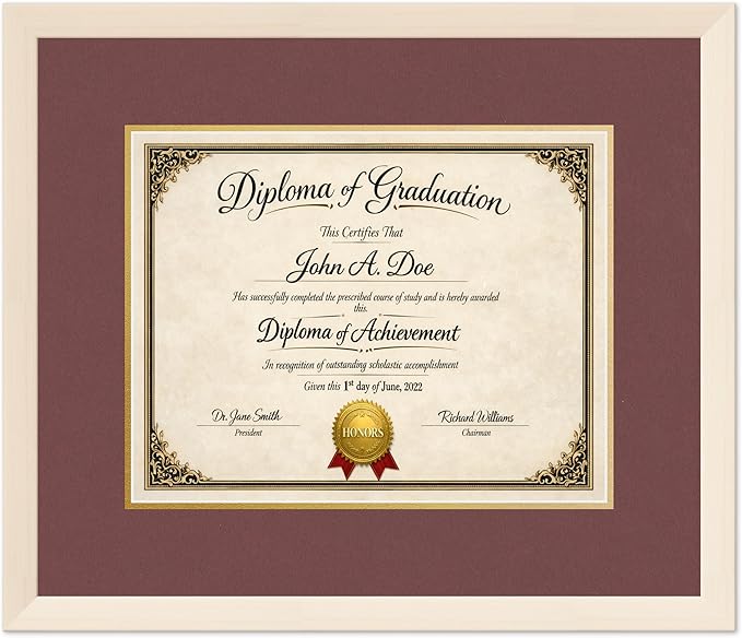 Diploma Frame Coastal Whitewash with Dark Red Over Gold Double Mat - Fits 14 x 11 College Diploma (Modern) Wall Display Made in the USA