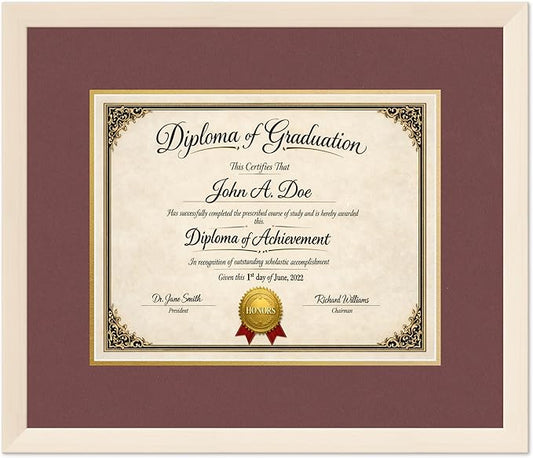 Diploma Frame Coastal Whitewash with Dark Red Over Gold Double Mat - Fits 14 x 11 College Diploma (Modern) Wall Display Made in the USA
