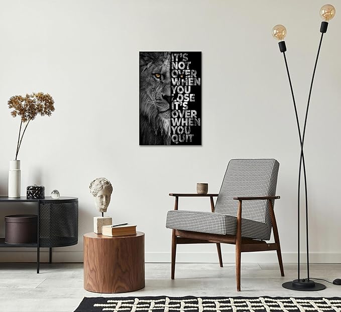 Lion Head Prints Canvas Inspirational Wall Art Black and White Animals Poster Motivational Quote Picture for Office Decor Framed Ready to Hang12x16inches