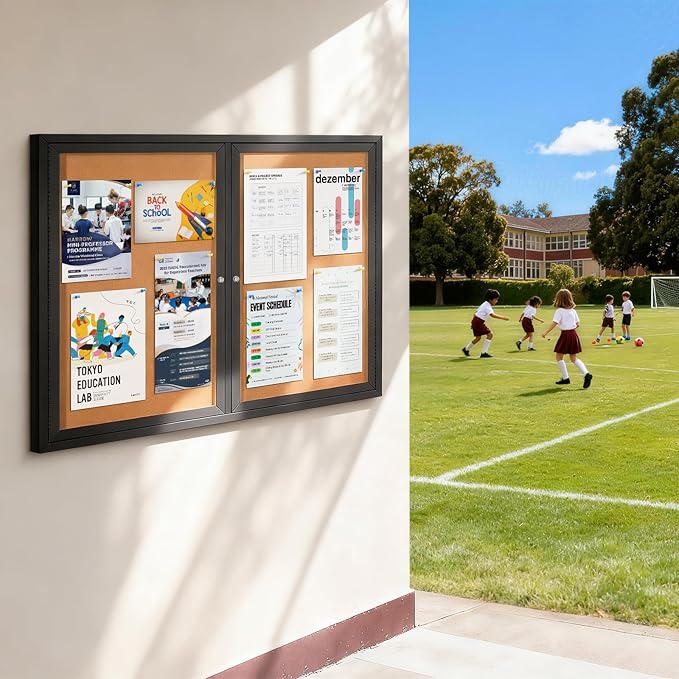 Enclosed Bulletin Board Outdoor Noticeboard with Locking Door, Weather-Resistant, Cork, Black Aluminum Frame, 43 x 31 in