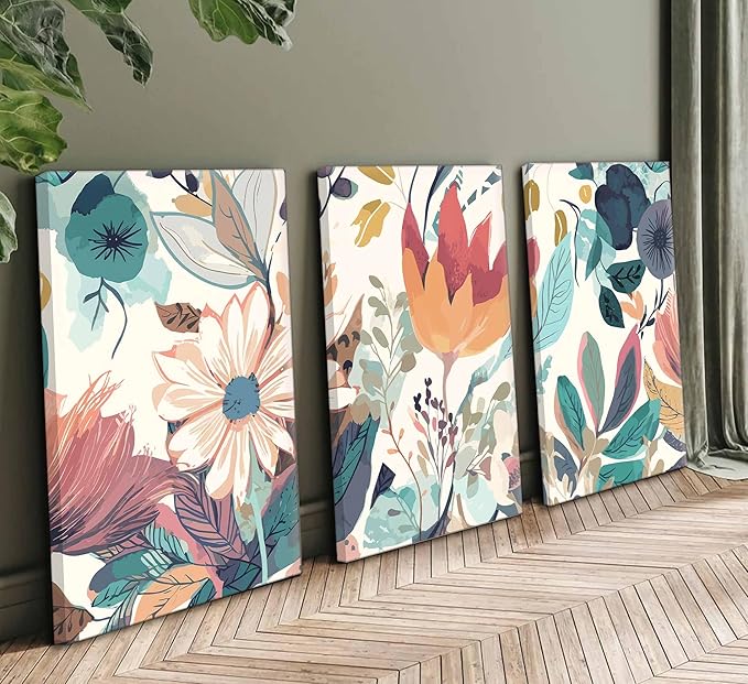 3 Pcs Boho Wild Flowers Canvas Wall Art Neutral Watercolor Boho Abstract Floral Botanical Painting Picture Wall Decor Poster Print Artwork for Living Room Bedroom Home Decoration