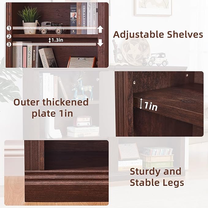 43" Walnut Tall Bookshelf Set of 3,3-Tier Thick Wooden Book Shelf with Adjustable Shelves,Free Standing Farmhouse Bookcase with Open Display Storage,Floor Vintage Bookshelves for Living Room