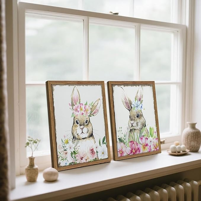 Framed Vintage Easter Wall Art Decor, Easter Bunny Picture Wall Decorations Set of 2, Spring Rustic Rabbit Poster Prints Painting for Kids Room Living Room Bedroom 16x24 Inch