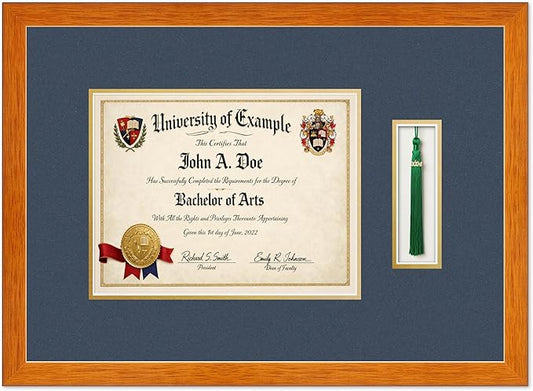 Diploma and Tassel Frame Fits 11 x 8.5 US Letter Certificate with Tassel Hoo Honey Oak Genuine Hardwood Shadowbox with Navy Blue Over Metallic Gold Double mat