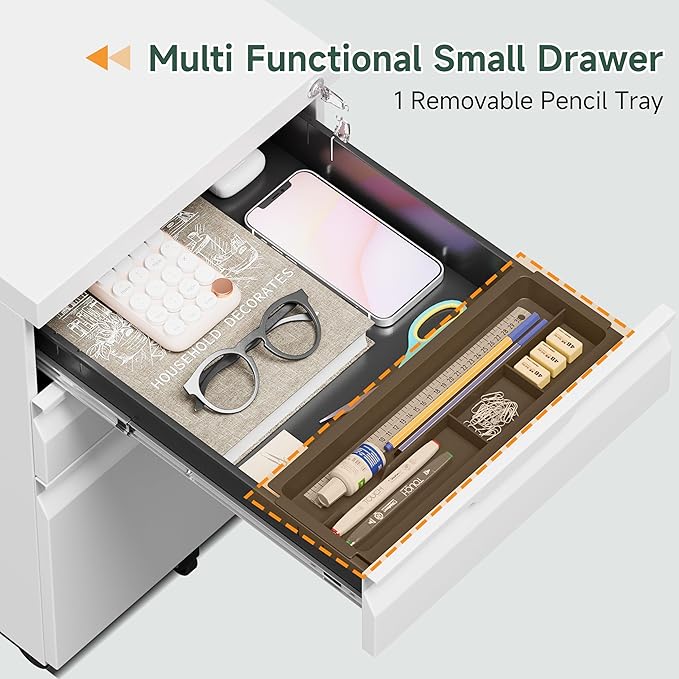 3 Drawer Metal Rolling File Cabinet with Lock, Under Desk Mobile Filing Cabinet for Home Office, Steel Storage Cabinet with Wheels for A4/Letter/Legal Documents, Easy Assembly, White