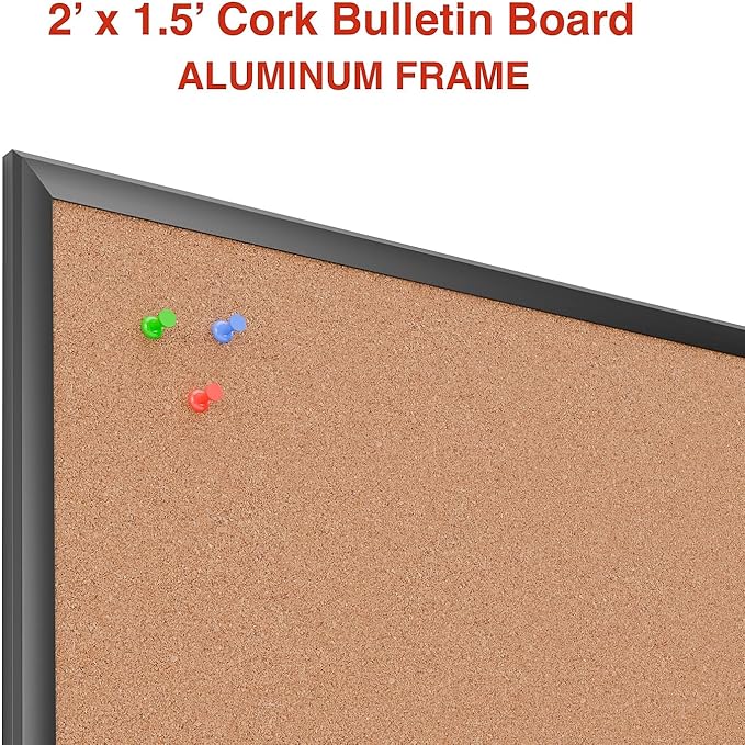 Staples Cork Bulletin Board with Black Frame, 2' x 1.5' Compact Wall Mounted Bulletin Board for Home Office and Classroom