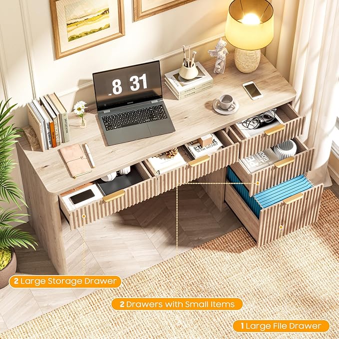 59" Fluted Executive Desk with Adjustable File Drawer, Workstation Computer Desk with 4 Storage Drawers, for Home Office