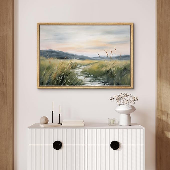 SIGNFORD Framed Canvas Print Wall Art Sunset Mountain Swamp Marsh River Lake Nature Wilderness Illustrations Digital Art Modern Art Decorative Multicolor Rustic Minimal for Bedroom - 24"x36" Natural