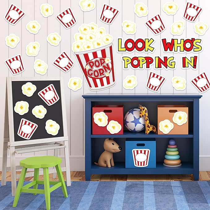 JarThenaAMCS 77 Pcs Popcorn Bulletin Board Decoration Funny Popcorn Bucket Paper Cutouts with 150 Pcs Glue Points for Back to School Movie Night Party Classroom