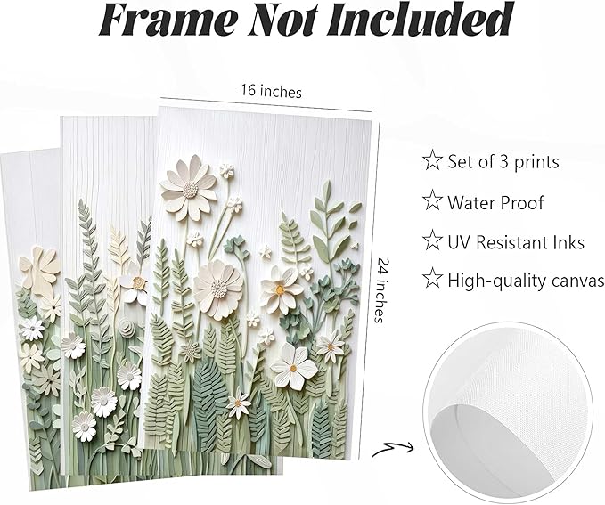3 Pcs Sage Green Wildflowers Canvas Wall Art Neutral Minimalist Abstract Boho Floral Botanical Painting Pictures Wall Decor Poster Print Artwork for Living Room Bedroom Home Decoration Unframed
