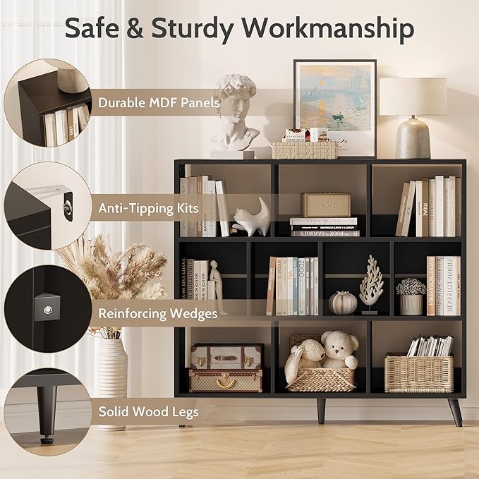 10 Cube Bookshelf, 3 Tier Wooden Book Shelf, Modern Black Short Bookcase with Solid Wood Legs, Small Book Cases Vintage Wide Storage Organizer with Open Shelf for Kids, Small Spaces, Bedroom, Office