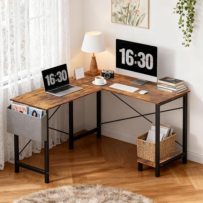 OLIXIS L Shaped Desk, 50-Inch Office Computer Gaming Desks Corner PC Table with Side Bag and Reversible Shelf for Home Work Study Writing Rustic Brown