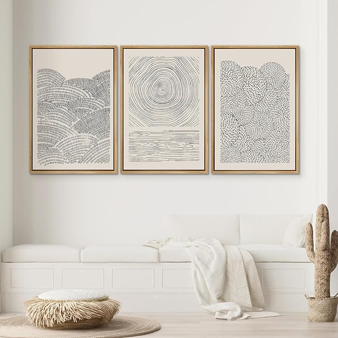 SIGNWIN Framed Canvas Print Wall Art Set Geometric Spiral Ring Wave Pattern Abstract Shapes Cozy Neutral Modern Art Decorative Contemporary Minimal for Living Room, Bedroom, Office - 16"x24"x3 Natural