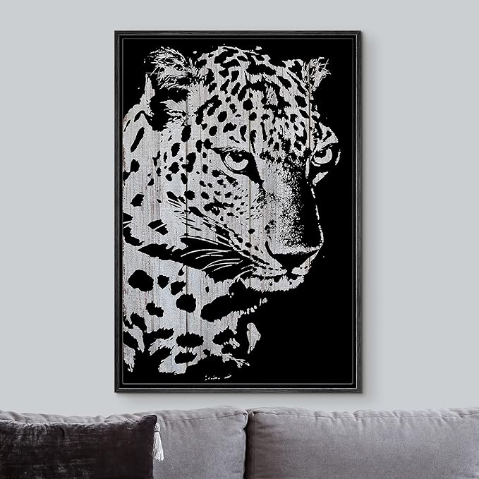 IDEA4WALL Framed Canvas Print Wall Art Grayscale Spotted Leopard on Wood Blocks Animals WildLife Illustrations Modern Art Tropical Portrait Dark for Living Room, Bedroom, Office - 16"x24" BLACK