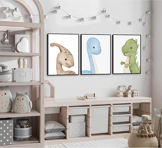 XXOUYLQ 3Pcs Watercolor Dinosaur Wall Art Kids Boys Room Canvas Wall Decor neutral dino Painting nursery Prints Funny Animals Plants Poster for Boys or Girls Bedroom unframed