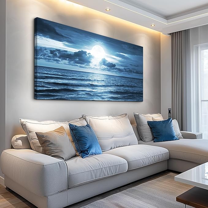 wall art for living room Decorations Photo Prints - blue sea view The moon Landscape - Modern Home Decor The room Stretched and Framed Ready to Hang artwork (Blue Ocean&Moon, 30x 60inch x 1pcs)