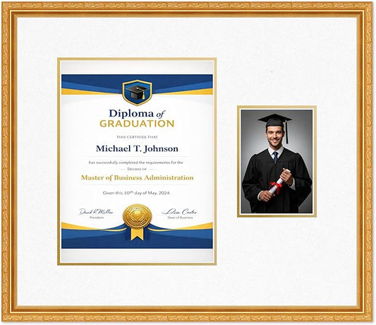 Diploma Frame With Photo Opening Museum Gold Oyster Shell Over Gold Mat - Fits 10 x 13 Degree and Picture Made in the USA