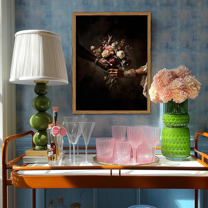 Framed Black Love Floral Wall Art, African American Couple Canvas Wall Decor Prints, Dark Romantic Holding Flowers Paintings Pictures Moody Home Decor Aesthetic for Living Room Bedroom 12x16 inch
