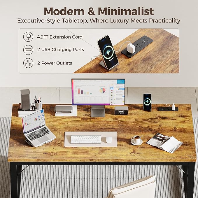 Mericonia 48 Inch Computer Desk with Power Outlets, 1.2" Thick Heavy Duty Industrial Office Desk, Modern Simple Study Writing Table for Home Bedroom Workstation, Brown