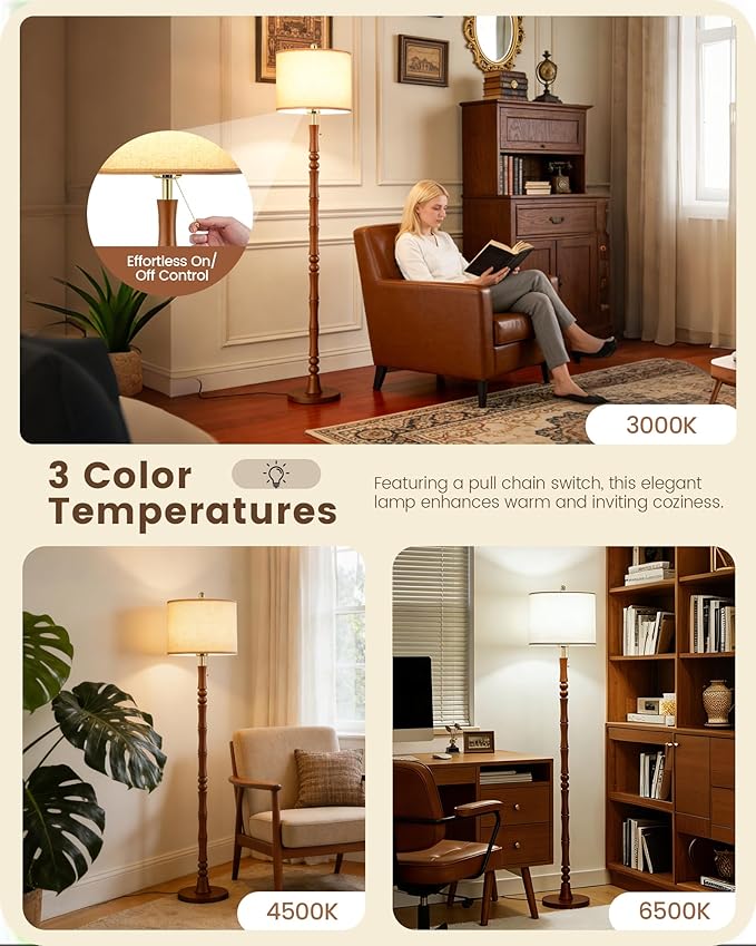 65" Solid Wood Floor Lamps for Living Room with Adjustable Color Temperatures, Farmhouse Floor Lamp with Pull Chain Switch, Tall Standing Lamp for Bedroom, Dining Room, Rustic Brown VE26LD05
