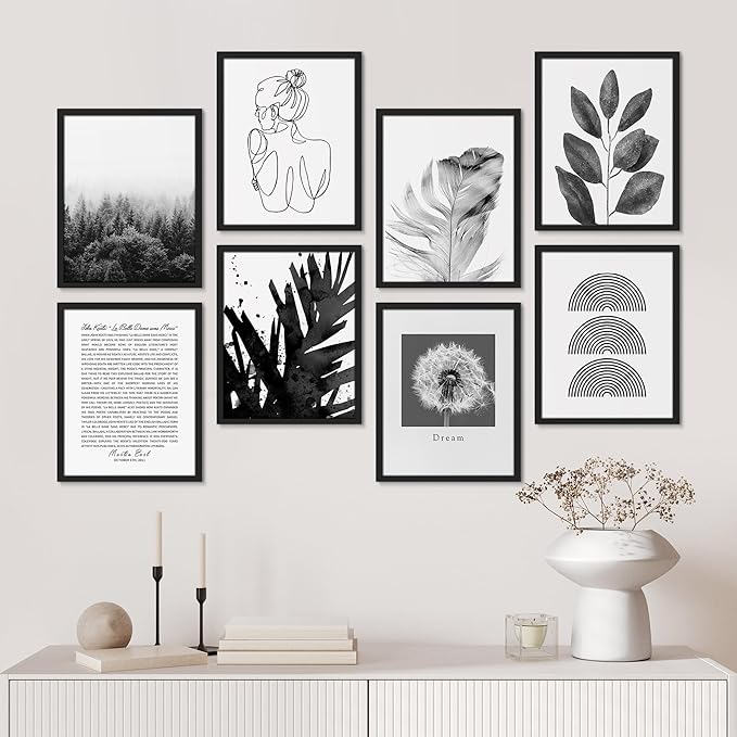 SIGNWIN Framed Poster Bathroom Decor 11"x14"x 8 Black, Wall Art Room Decor Multicolor for Living Room, Bedroom, Office Black & White Duotone Geometric Dark Plants Nature Abstract Shapes
