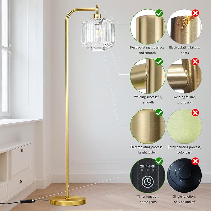 MAYNA Mid Century Modern Floor Lamp, Clear Ribbed Glass Standing Lamp with Built-in Timer Switch, Gold Tall Vintage Lamps for Living Room Bedroom, 2700K LED Bulb Included