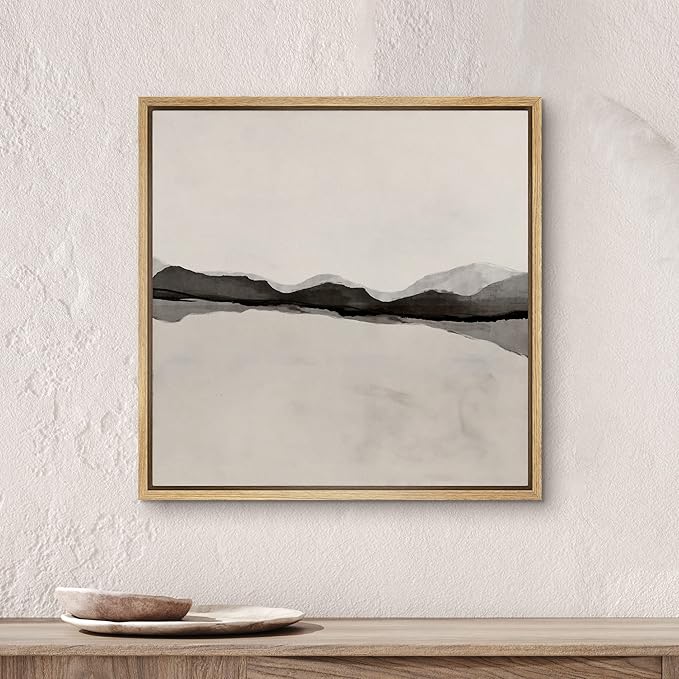 SIGNWIN Framed Canvas Print Wall Art Black Tan Pastel Grunge Wave Collage Abstract Shapes Illustration Modern Art Decorative Nordic Minimal Calm/Zen for Living Room, Bedroom, Office - 16"x16" Natural