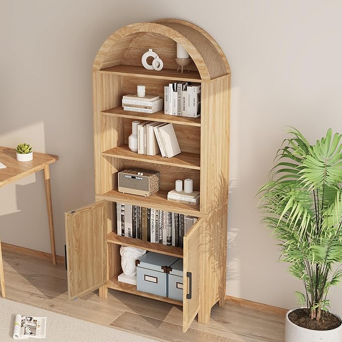 71" Tall Arched Bookcase with Storage, Mid-Century Modern 6-Tier Curved Cabinet with Door, Arched Bookshelf Cabinet with Open Display Storage Shelf for Office Living Room (Natural)