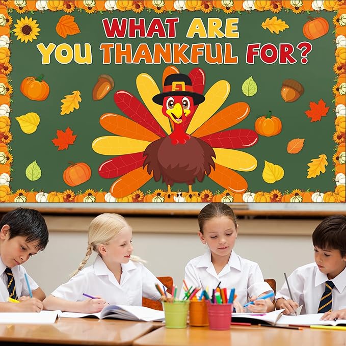 Thanksgiving Turkey Classroom Bulletin Board Decorations Autumn Fall Thankful Letters Cutouts Pumpkin Leaves Bulletin Board Border Set for Home School Chalkboard Wall Decor Supplies