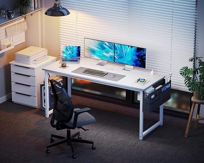 KKL Large Computer Desk with Power Outlets and USB Port Desk for Home Office Gaming Simple Modern Style Writing Desks with Storage Bag Headphone Hook, 55 inch, White