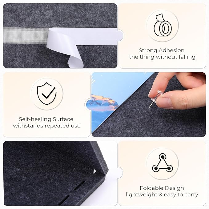 3 Pack Large Felt Bulletin Boards 24"/16"/7"x 16" Foldable Picture Vision Board for Office Wall Frameless Cork Board with 60 Push Pin for Home, Kitchen, Wall Pin Boards(Grey)