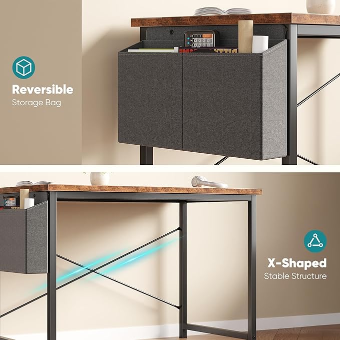 OLIXIS Computer Desk 44 Inch Home Office Desks for Small Spaces, Gaming Writing Study Work Table with Storage Bag for Bedroom, Rustic Brown