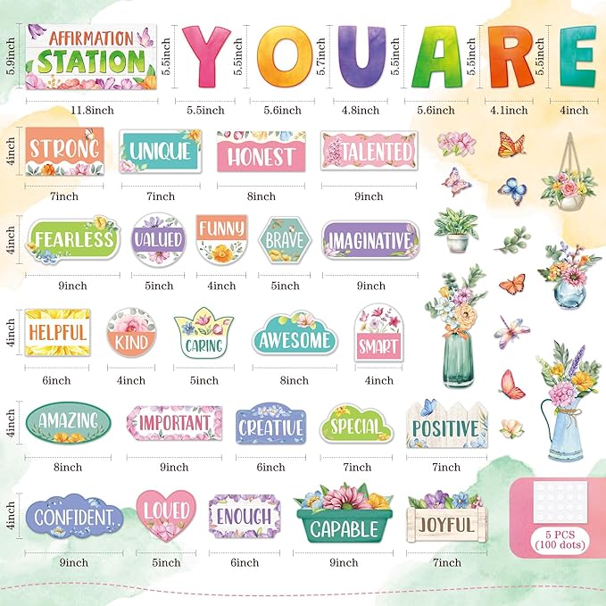 45pcs Spring Bulletin Board Set Motivational Posters Classroom Mirror Growth Mindset Decor Positive Affirmations Accents Flower Cutouts for School Office Home Teacher Wall