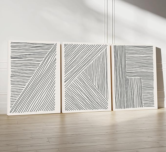 3 Pieces Minimalism Abstract Boho Lines Canvas Wall Art Modern Black and White Neutral Bohemia Geometric Pictures Wall Decor Posters Print Artwork for Living Room Bedroom Office Home Decoration
