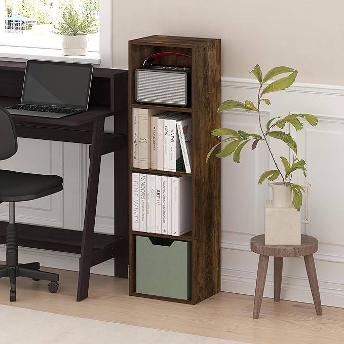 Furinno PASIR Book Shelf, 4-Tier Bookcase, Modern Standing Bookshelf, Open Storage Shelf, 9 x 12 x 42 Inches, for Home Office, Living Room, Amber Oak