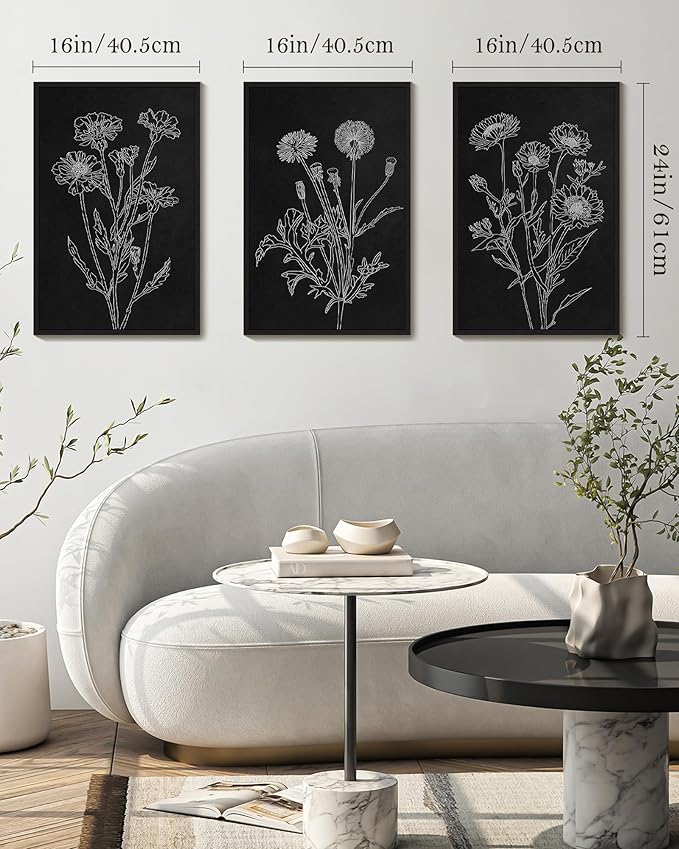 Drsoum Black White Flower Wall Art Vintage Minimalist Floral Wall Hanging Decor Bohemain Botanical Prints Artwork for Bedroom Living Room Hallway 16x24in Black Framed
