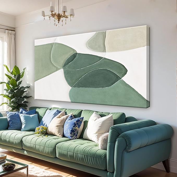 QSQ Modern Wall Art Large Green And White Geometric Color Block Line Wall Painting Artwork Canvas Simple Picture Textured Artwork For Living Room Bedroom Office Home Decor 29"X 58"
