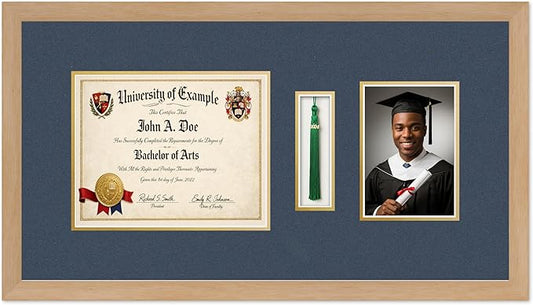 CountryArtHouse Diploma Tassel and Photo Shadowbox Fits 10 x 8 Professional License with Tassel Hook a Natural Wood Genuine Hardwood with Navy Blue Over Metallic Gold Double mat
